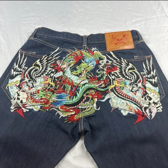 RARE Ed Hardy Dark Wash 2009 Tiger Dragon Scull Tattoo Jeans